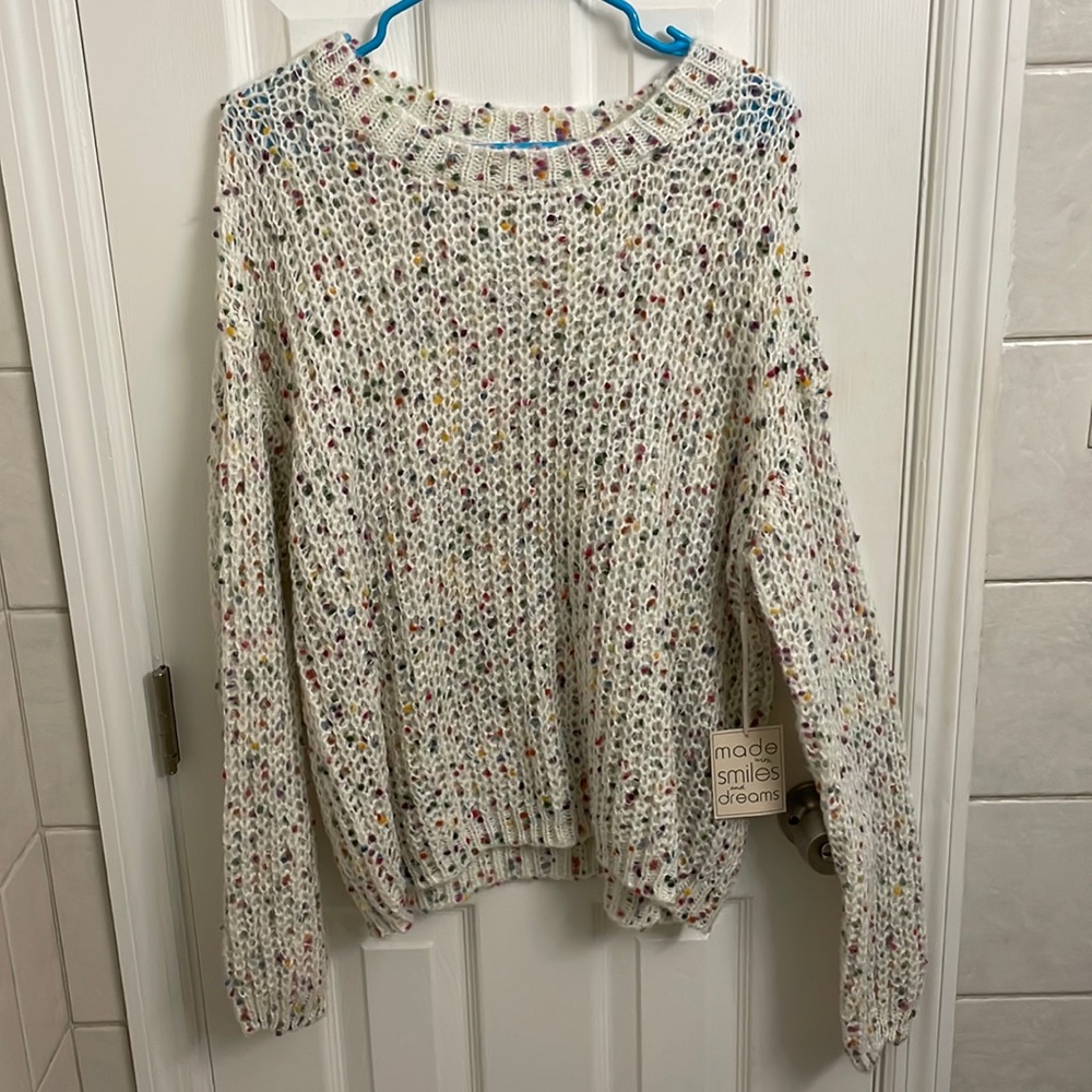 Adorably Cozy ‘Timing’ White Pull Over Sweater with Multicolored Confetti XL